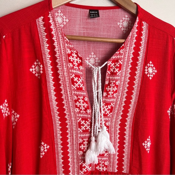 SHEIN Red & White Stamped Embroidery Pattern Women's Tunic Top Size XL EUC - Picture 2 of 5